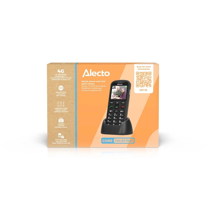 Alecto CM10 – Einfaches 4G-Handy für Senioren mit SOS-Notruftaste – Große Tasten, Ladestation und hörgerätekompatibel – Schwarz