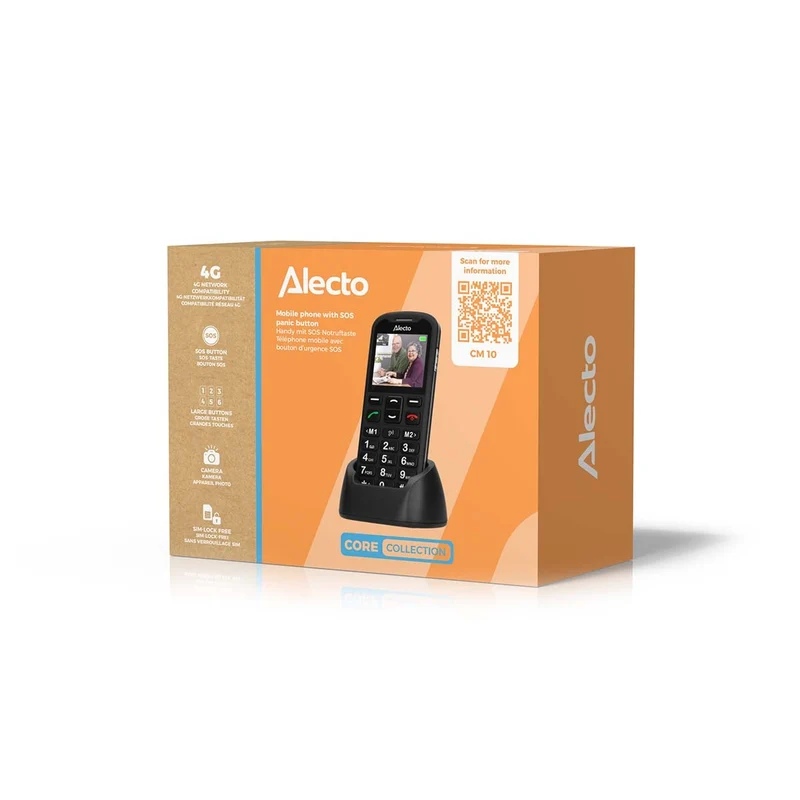 Alecto CM10 – Einfaches 4G-Handy für Senioren mit SOS-Notruftaste – Große Tasten, Ladestation und hörgerätekompatibel – Schwarz