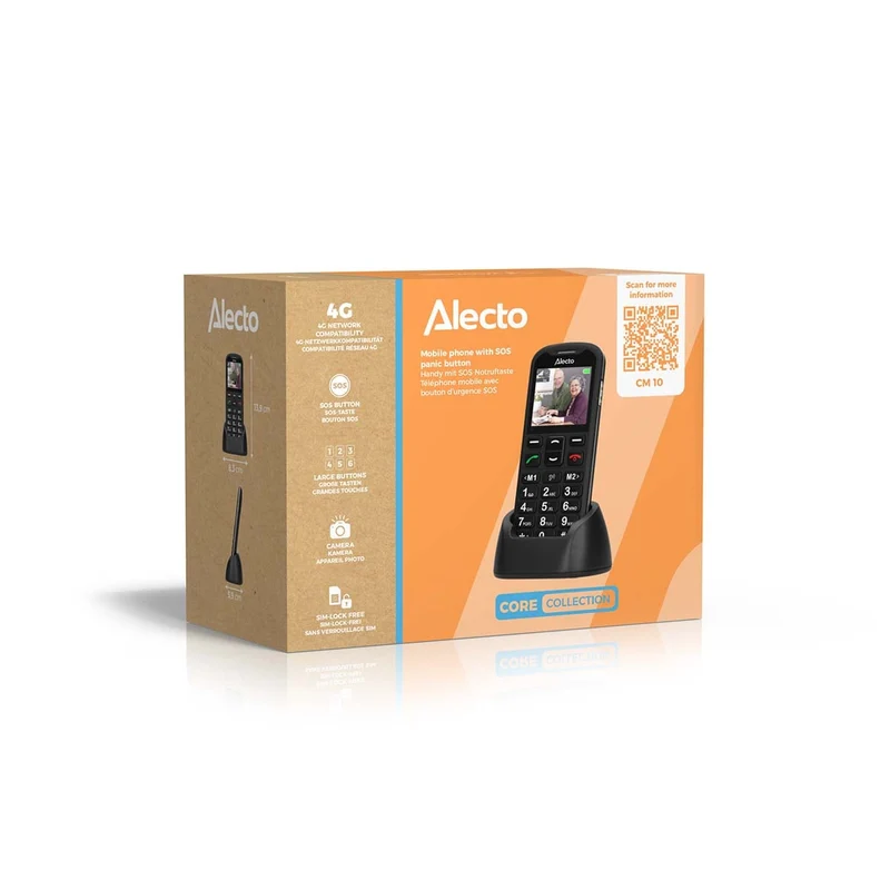 Alecto CM10 – Einfaches 4G-Handy für Senioren mit SOS-Notruftaste – Große Tasten, Ladestation und hörgerätekompatibel – Schwarz