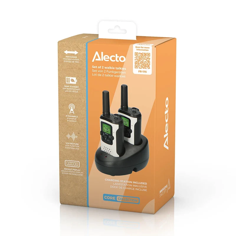 Alecto FR-175 - Set mit zwei Walkie Talkies, 7 km Reichweite, Weiß/Schwarz