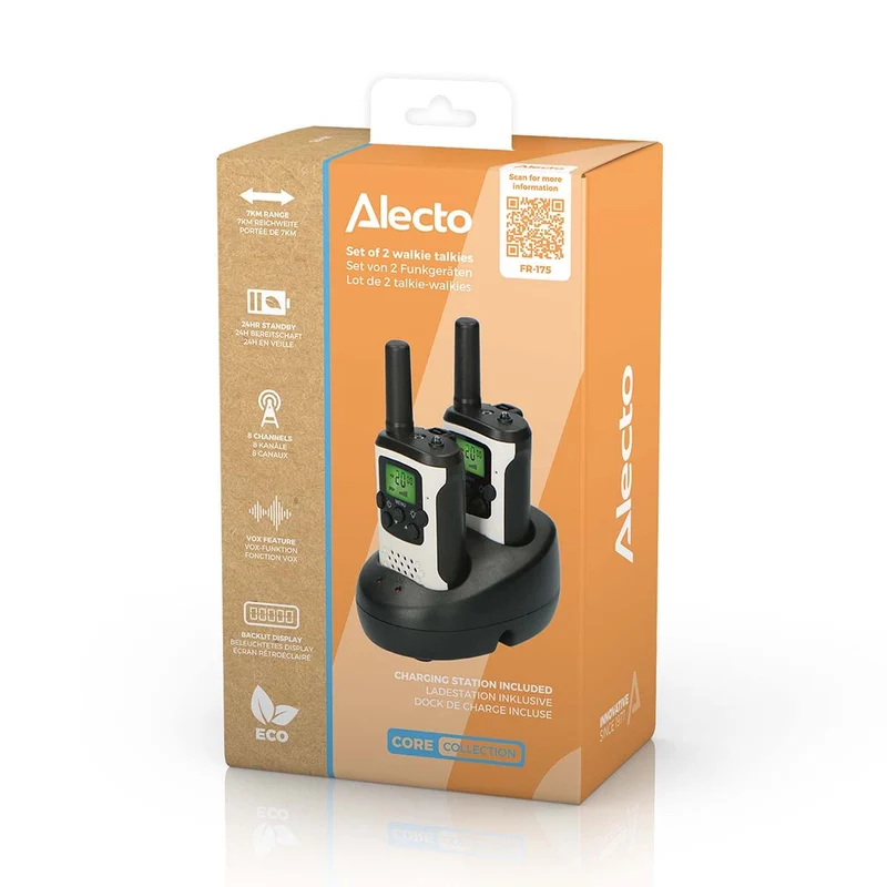 Alecto FR-175 - Set mit zwei Walkie Talkies, 7 km Reichweite, Weiß/Schwarz
