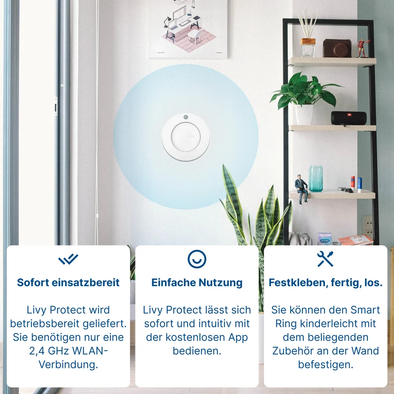 Livy Protect + Magnetbefestigung // Erkennung bestehender Rauchmelder, Bewegungsalarm, Luftqualität, Temperatur, Luftfeuchtigkeit