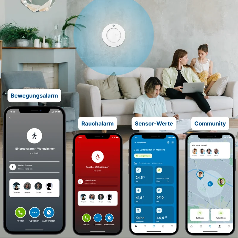 Livy Protect + Magnetbefestigung // Erkennung bestehender Rauchmelder, Bewegungsalarm, Luftqualität, Temperatur, Luftfeuchtigkeit