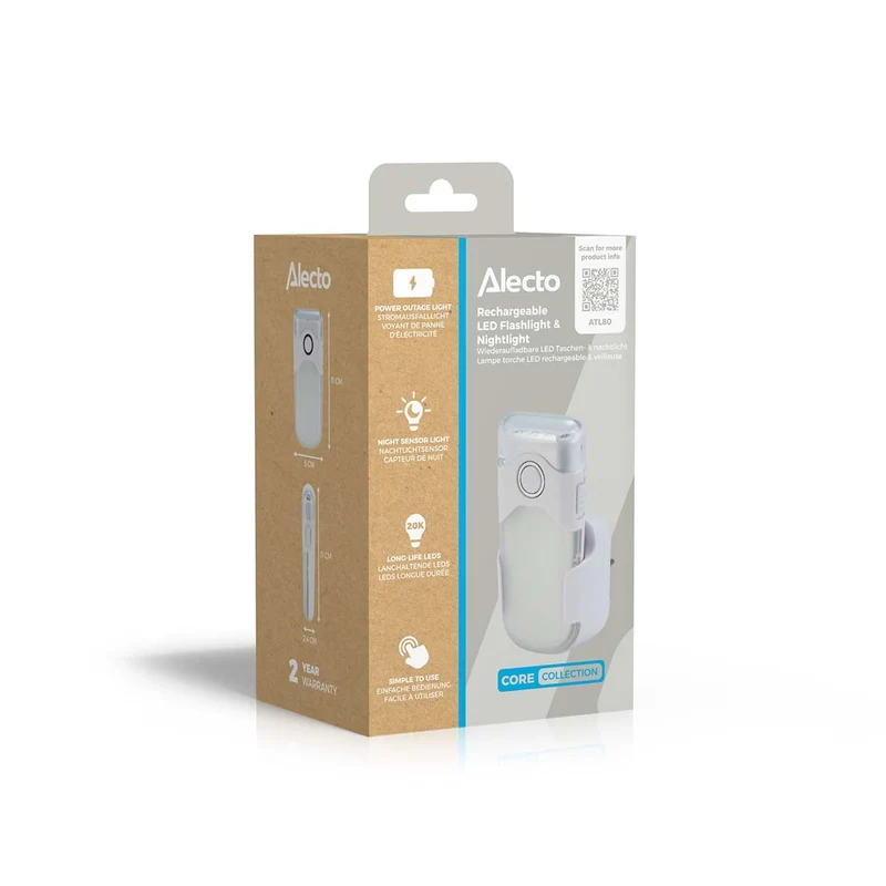 Alecto ATL-80 - Aufladbare LED-Taschenlampe/LED-Nachtlicht mit Sensor, Weiß